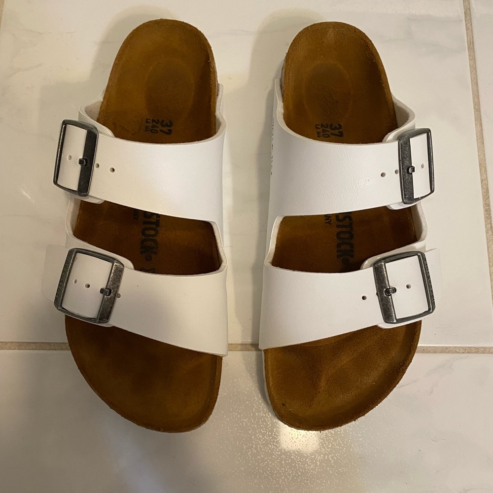 Birkenstock white Arizona slides